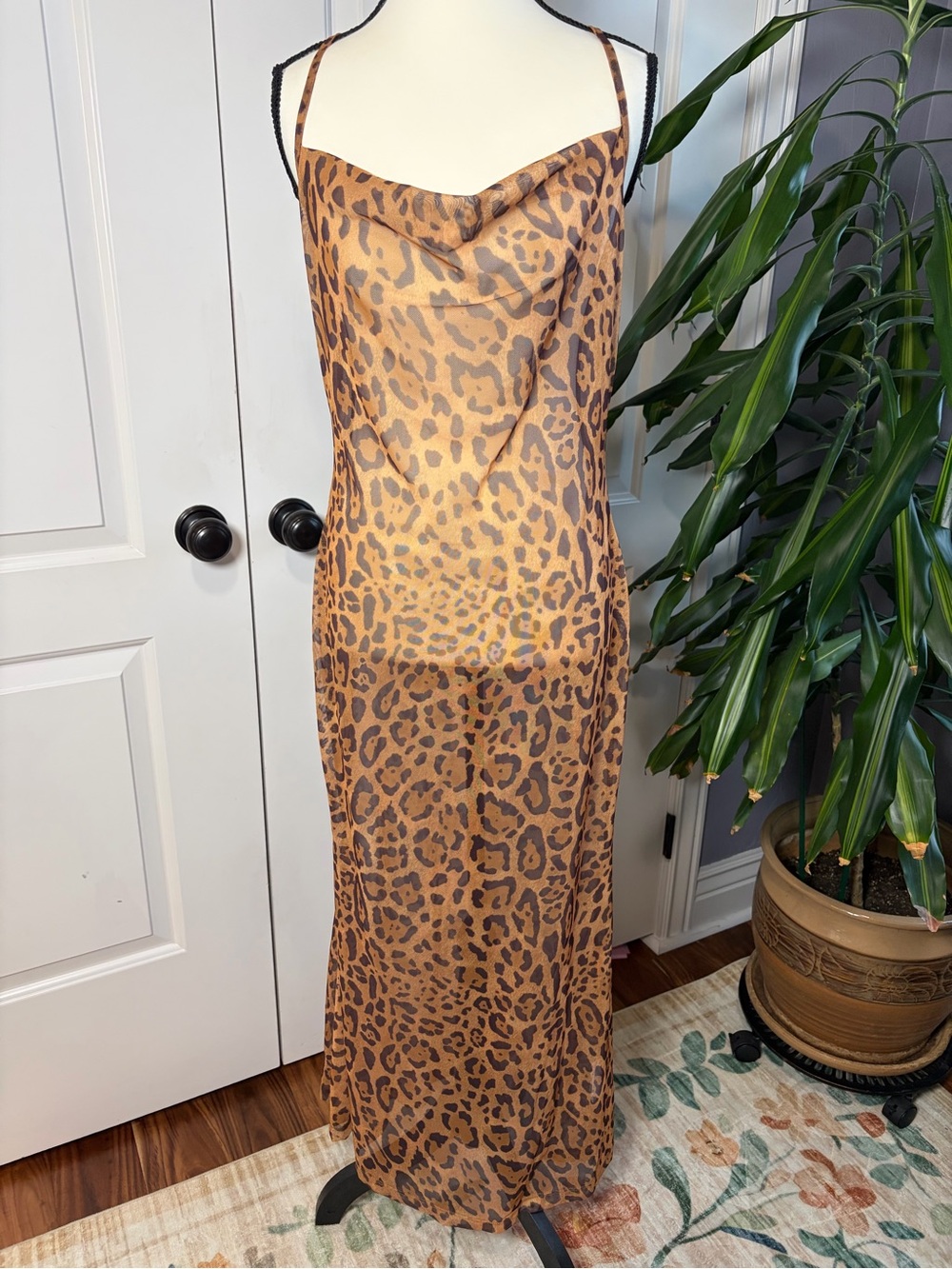Sheer Mesh Leopard Print Cami Maxi Dress Body-con with Strap Back - Picture 6 of 10